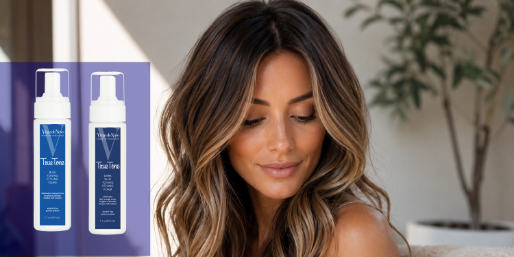 Woman with beautiful hair and images of blue and dark blue toning foam